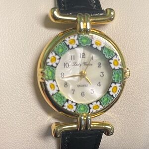 VINTAGE LADY VENICE MURANO GLASS MILLEFLORI BEZEL BLACK & GOLD WATCH